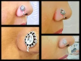 Silver Color Indian Traditional Non-Piercing Water Drop Design Nose Ring with Stone for Women & Girls