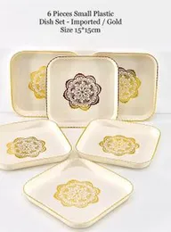 6-Piece Small Plastic Dish Set â Imported Gold Design (15x15 cm)