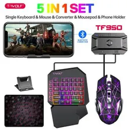 T-WOLF TF950 40 Keys One Hand 5 in 1 Gaming Keyboard USB Wired Mouse Combo Set with Mobile Game Converter and Phone Holder