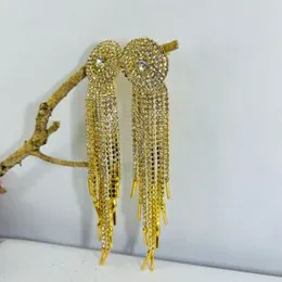 Golden Glam Round Head Long Tassel Drop Earrings with Sparkly Rhinestone Crystal White Stone