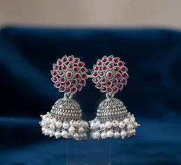 Silver Color Jhumki Drop Earrings with White Pearl & Multicolor Stones for Women & Girls