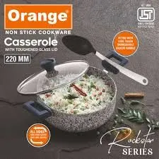 Orange Stone Finish Nonstick Heavy coated Rockstar Casserole With Toughened Glass Lid