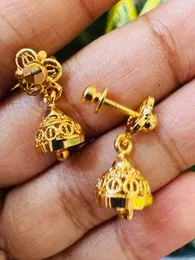 Gold Plated Small Jimikki Round Bell Drop Earrings with Flower Head & Beaded Design for Women and Girls