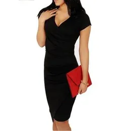 Women Short Sleeve V Neck Pencil Dress Black