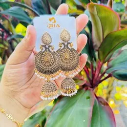 ESH Dull Gold & Oxidized Color Long Tassel Jimikki Earrings with White Pearls for Women and Girls