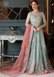 Mint Green & Peach Embroidered Pakistani Frock