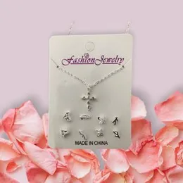 Korean Trendy Zircon Pendant Necklace with 4 Pairs Stud Earrings Fashion Jewelry Set Simple Silver Color Clavicle Chain Ear Stud