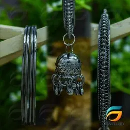 Silver plated bangles Black Silver Royal Fancy Bangle Set With Jhumki Tassel Hanging Bangles for Women.