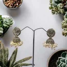 Cute Dull Gold Multi-Stone Drop Jimikki Earrings with White & Gold Pearl