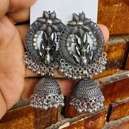 Oxidized Color Long Jimikki Peacock Design Earrings with Silver Beads & Black Stone for Women & Girls