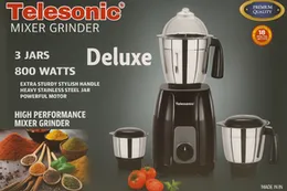 Deluxe 800W Mixer Grinder 3 Stainless Steel Jars 3 Speed Silver ABS Body Overload Protection Wet and Dry Chutney Grinder
