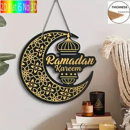 Ramadan Kareem Wooden Crescent Moon Lantern Hanging Sign, 2D Flat Wood Ramadan Kareem Moon Lamp Wall DÃ©cor