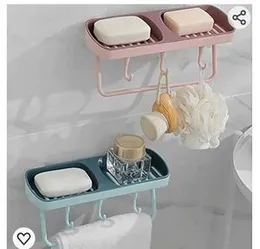 1 Pc Adhesive Sticker Wall Mounted Waterproof Double Soap Dish Case Holder Towel Holder with 4 Hook for Kitchen Sink Bathroom