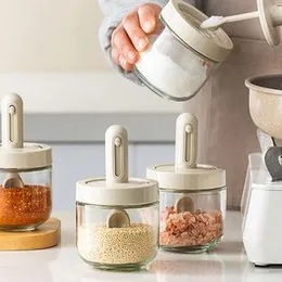 Spoon Lid Integrated Retractable Seasoning Jar â Clear Glass Spice Container with Built-in Spoon & Lid â Transparent Storage Jar for Salt, Sugar, 