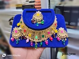Gold-Plated Choker Jewelry Set with Multi-Color , Beads, Earrings & Maang Tikka