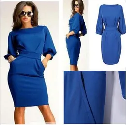 Women Work Dress Elegant Half Sleeve Slim With Belt Blue