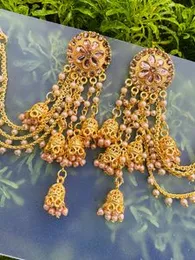 Gold Color Indian Bahubali Jhumka Jhumki Round Flower Design Earrings with Gold Pearl for Women & Girls