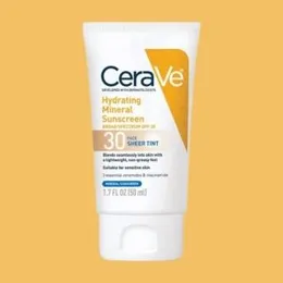 CeraVe Hydrating Mineral Sunscreen SPF 30 Face Sheer Tint 52ml | Tinted Mineral Sunscreen for All Skin Types
