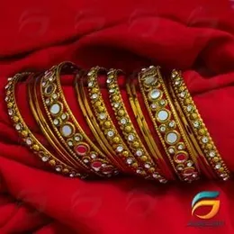 Gold Plated  Punjabi Traditional Antique Stylish Fancy Bangle Set with Dotted Champagne Stone  for Girl & Women.