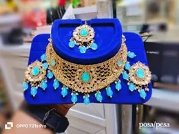 Light Blue Beaded Choker Necklace Set with Matching Tikka