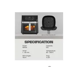 Premium Mitshu Digital 9.0L Air Fryer with 3D Visible Window (Shiny Black)