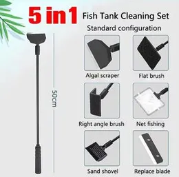 Premium Aquarium Fish Tanks Cleaning Tools Kit 5 in 1 Cleaning Set Algae Tank Cleaner Set Aquarium Cleaner Fish Tank Net Sponge Accessories Planted Ta