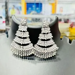 ESH Gold and silver color flower petal theme dangle drop earring with white stone and gold, silver beaded for women and girl