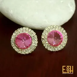 Silver Plated Round Shape Earrings with Two-Line Stones (Available in Any Color) for Women & Girls