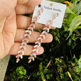 Rose Gold & Silver Leaf Long Tassel Dangle Earrings with White Stones for Women and Girls