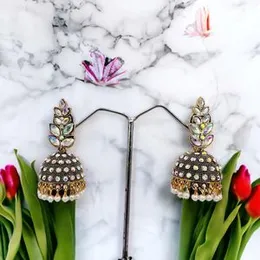 Light Gold Vintage Bollywood Jhumka Earrings – Leaf Design Pearl Drop Multi Stone Dangle Earrings for Women and Girls