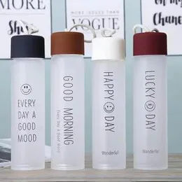 400ml Capacity Portable Frosted Glass Water Bottle, often featuring a smiley face and the phrase "EVERY DAY A GOOD MOOD".