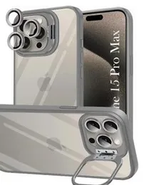 StandCase Clear Matte iPhone 15 Pro Max Cover with Individual Camera Lens Rings and Flip-Out Stand