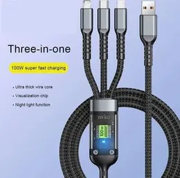 100W Multi Charging Cable 3 in 1 Multi USB Charger Fast Charging Cable Transparent With LED Indicator Nylon Braided Multiple Charger