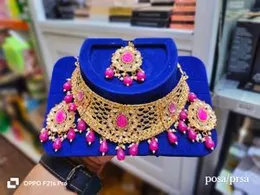 Traditional Polki Choker Necklace Set with Pink Beads, Earrings & Maang Tikka