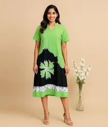 Green with Black & White Batik Dress 100E