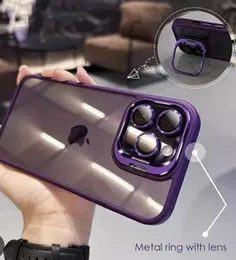 EASONCASE Clear Acrylic iPhone Shockproof Case with Metal Ring Kickstand and Built-in Lens Tempered Glass