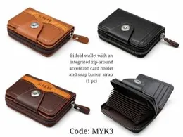 Bi-fold wallet with an integrated zip-around accordion card holder and snap button strap (1 pc)
