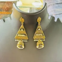 Dull Gold Color Triangle Drop Jimikki Earrings with White Pearl for Women & Girls