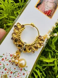 Gold Color Non-Piercing Leaf Design Nose Ring with Nose to Ear Two-Line Pearl Chain & Gold Stone Jewelry for Women & Girls