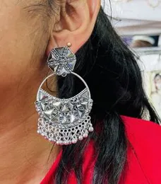 Oxidized Color Dangle Drop Earrings with Ash Stone & Beaded Design for Women and Girls