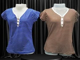 Kids Casual Cotton T- Shirts, Nack Button Short Sleeve Horizonatal White Stripes. T Shits