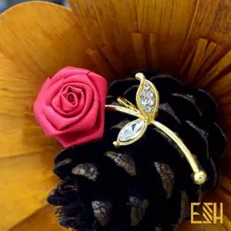 Trendy Rose Flower Brooch Charm – Gold Color Leaf Design with Stones Jewelry for Women