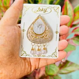 Gold Color Beautiful Water Drop Design Saree Brooch with Three White Pearl Drops for Women & Girls