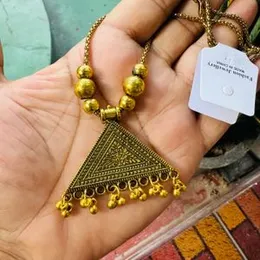 Oxidized Gold Color 22-Inch Chain with Triangle Design Medium Pendant & Beaded Necklace for Women & Girls