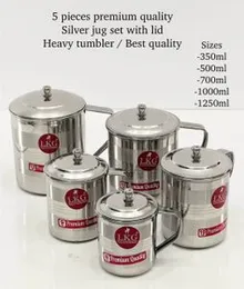 5-piece premium quality silver stainless steel jug set with lids.