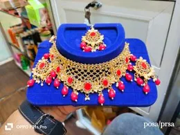 Gold-Plated Bridal Choker Necklace Set with Red Stones & Beads â Includes Earrings & Maang Tikka
