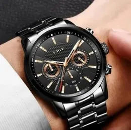 New Luxury Premium Black Stainless Steel Chain Quartz Analog Wrist Watch For Men Gents Boys Black LIGE