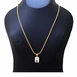 Gold Plated Chain With Pendant 18/24 inch 02MM Fox Chain with White Box Shape Stone Pendant Necklace for Ladies & Girl.