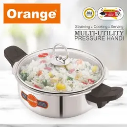 Durable Orange Triply Stainless Steel Pressure Cooker Handi with Triple-Layer Construction and Multiple Lids Healthy and Efficient Cooking