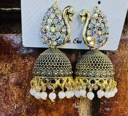 Dull Gold Cute Jimikki Drop Earrings with Multi Stone & Swan Head Design for Women and Girls